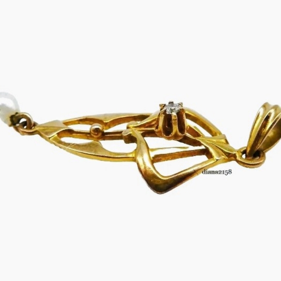 10K Solid Yellow Gold Nouveau Diamond Lavalier Seed Pearl Pendant - Picture 5 of 6